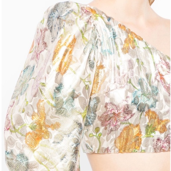 Hayley Menzies Shimmering Bonita Silk Jacquard Top Off Shoulder One Sleeve NWT - Picture 3 of 8